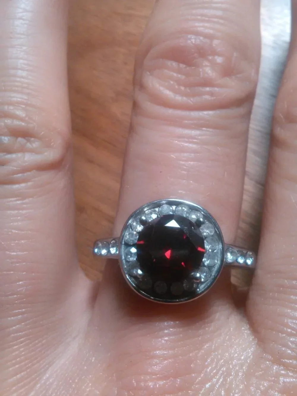 Simulated Ruby and White Crystal Silvertone Ring (Size 9.75)